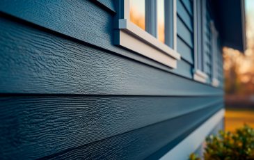 Blue vinyl siding texture and window, close-up view.