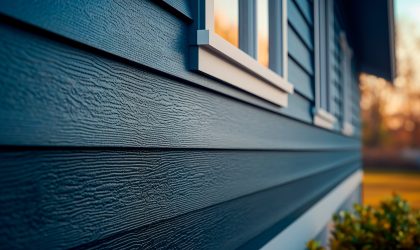 Blue vinyl siding texture and window, close-up view.