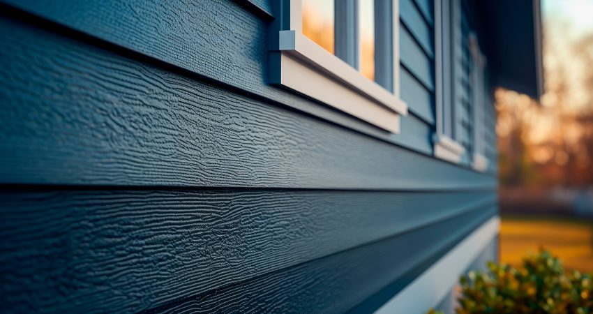 Blue vinyl siding texture and window, close-up view.