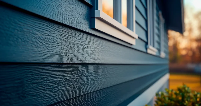 Blue vinyl siding texture and window, close-up view.