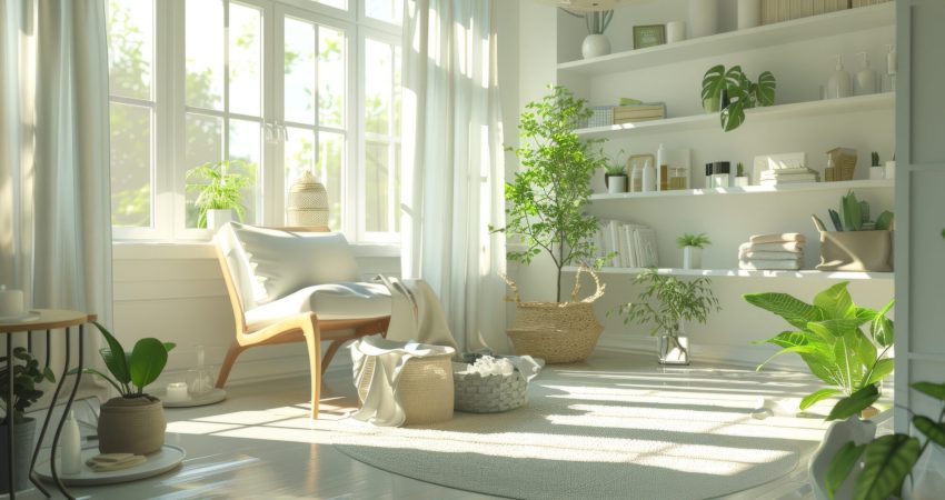 Picture of a nicely organized corner nook in a modern home featuring shelves aling with a comfortable looking chair and some plants
