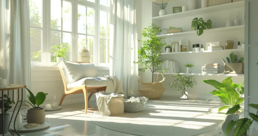 Picture of a nicely organized corner nook in a modern home featuring shelves aling with a comfortable looking chair and some plants