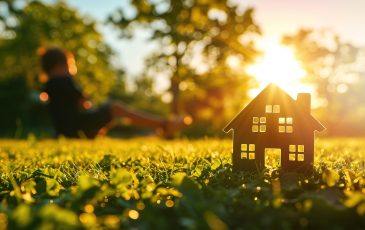 small house on green lawn at sunset. eco friendly energy efficient family home concept. banner with copy space