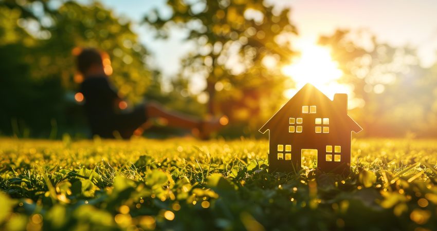 small house on green lawn at sunset. eco friendly energy efficient family home concept. banner with copy space