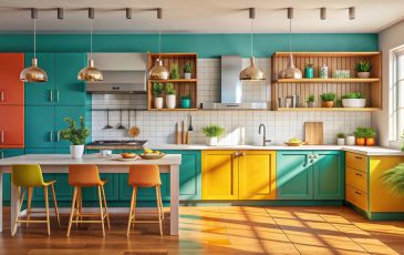 Stylish eclectic kitchen featuring mixed materials and vibrant c Stylish eclectic kitchen featuring mixed materials and vibrant c
