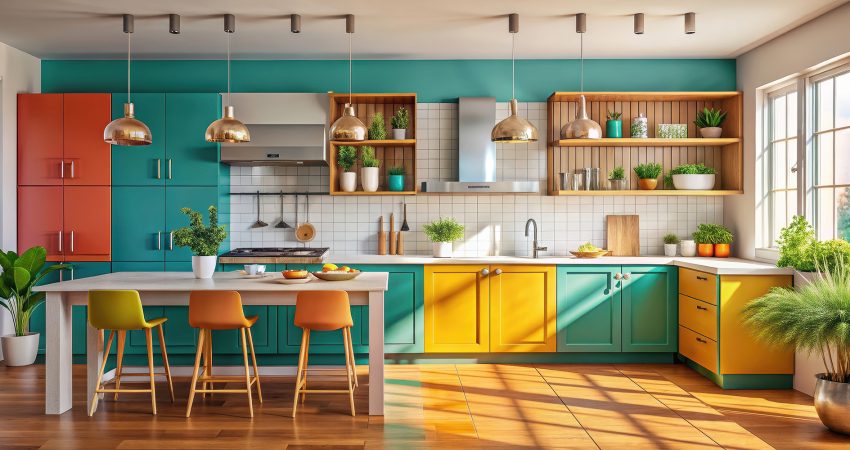 Stylish eclectic kitchen featuring mixed materials and vibrant c