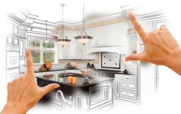 Female Hands Framing Custom Kitchen Design Drawing and Photo Combination. Female Hands Framing Custom Kitchen Design Drawing and Photo Combination.