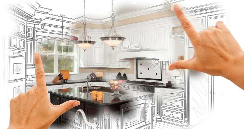 Hands framing a kitchen renovation project transitioning from a black and white architectural sketch to a fully remodeled modern kitchen.