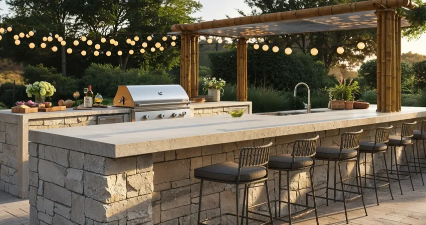 Modern luxury outdoor kitchen featuring a stone island, stainless steel BBQ grill, concrete countertops, bar seating, string lights, and a bamboo pergola in a backyard setting.