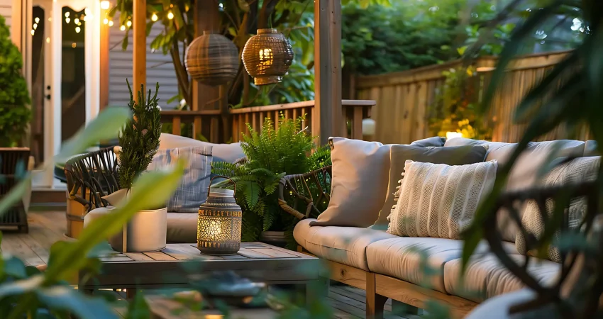 Cozy outdoor patio featuring a comfortable sectional sofa, warm lantern lighting, and lush potted plants on a wooden deck at dusk.