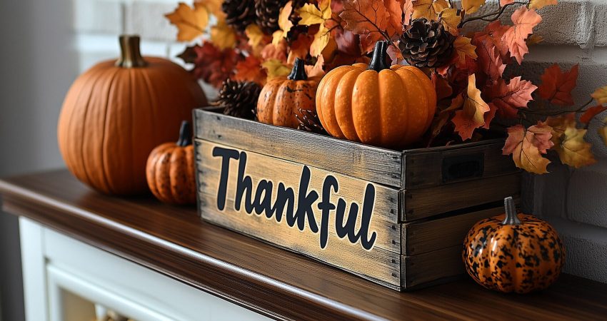 A wooden crate with the word "thankful" printed on the side, filled with pumpkins