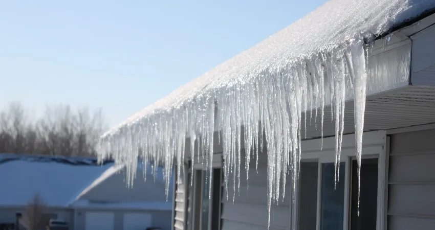 Long sharp icicles hanging from a snow-covered roof edge on a sunny winter day